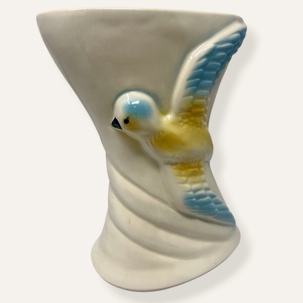 Mid Century Modern Bird Vase RRP Roseville Blue White Ceramic Vintage